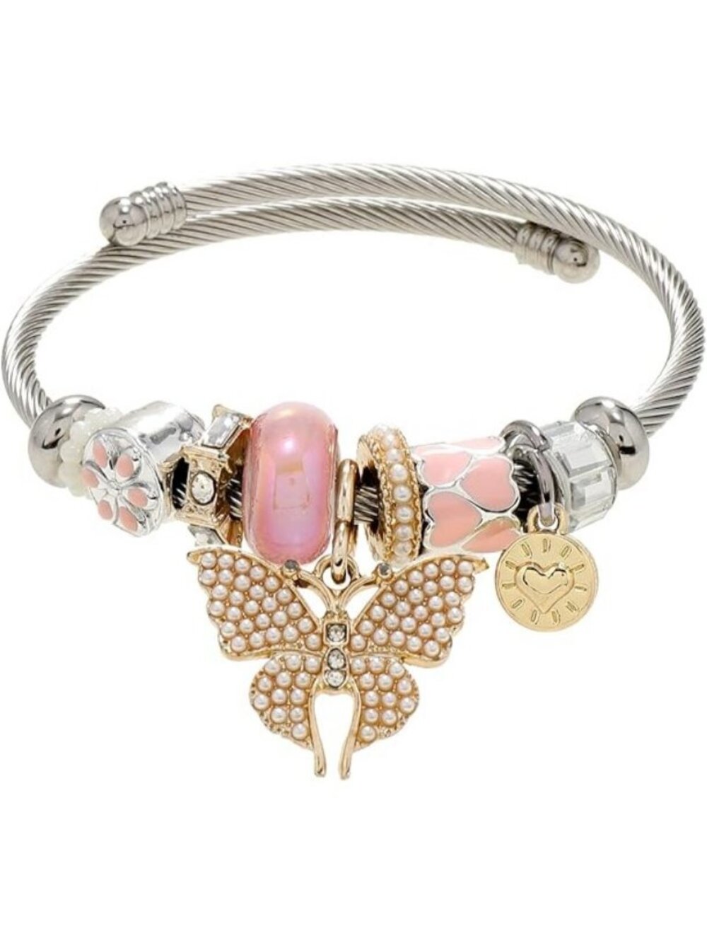 Silver-Pink Butterfly Cool Charm Bracelet Silver Stainless Steel Bangle